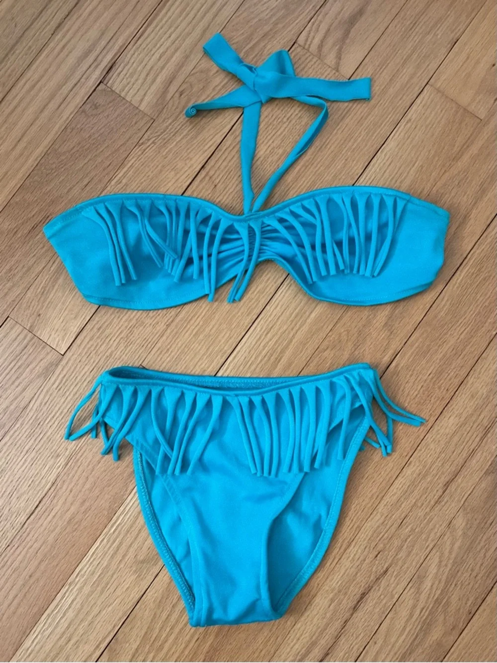 Vintage Toddler Fringed Bikini, Turquoise + Folding Kitty Sunglasses Set, 4T